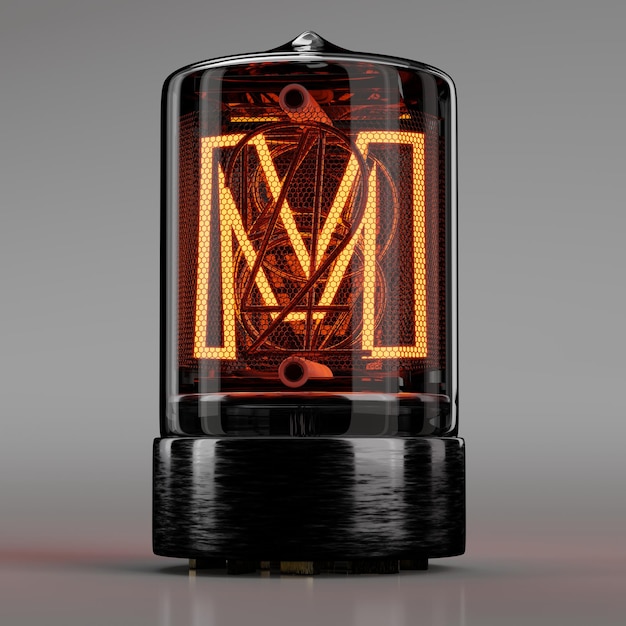 Nixie tube индикатор крупным планом буква M в стиле ретро алфавит на нейтральном сером. 3D рендеринг