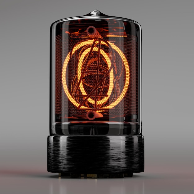 Nixie tube индикатор крупным планом буква O в стиле ретро алфавит на нейтральном сером. 3D рендеринг