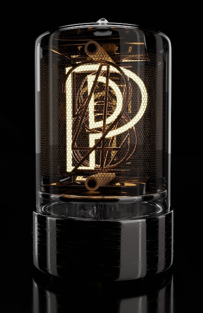 Nixie tube indicator closeup letter P Retro style Alphabet on black background 3D rendering