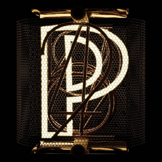 Nixie tube indicator closeup letter P Retro style Alphabet on black background 3D rendering