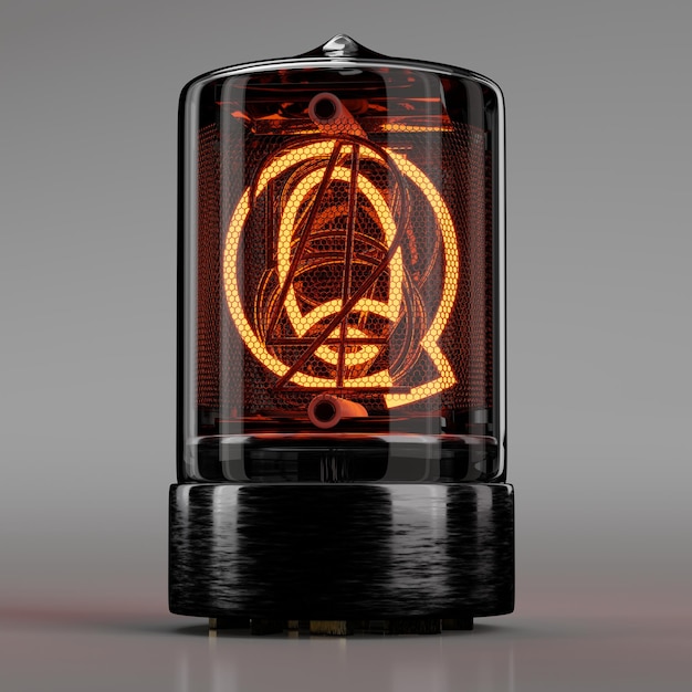 Nixie tube индикатор крупным планом буква Q в стиле ретро алфавит на нейтральном сером. 3D рендеринг