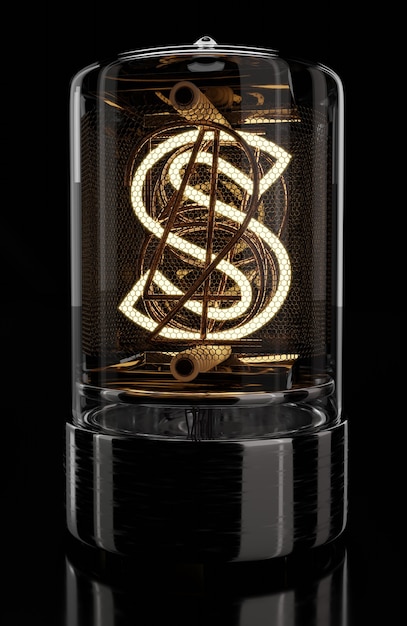 Nixie tube indicator closeup letter S Retro style Alphabet on black background 3D rendering