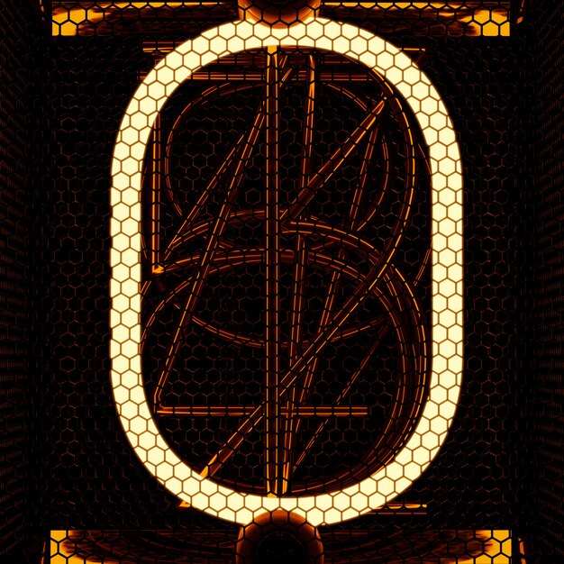 Nixie tube indicator closeup, number 0. Retro style. 3D rendering.