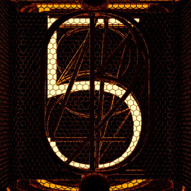 Nixie tube indicator closeup, number 5. Retro style. 3D rendering.