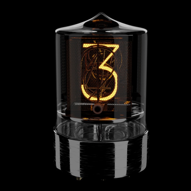 Nixie tube indicator, number 3. Retro style. 3D rendered illustration.
