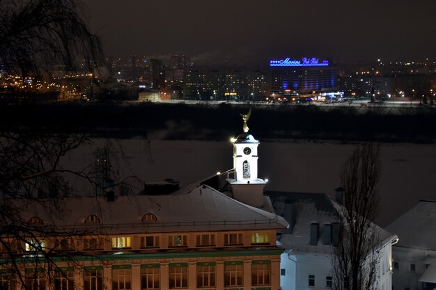 Nizhny Novgorod city glows on a winter night