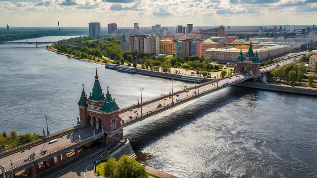 Nizhny novgorod with molitovsky bridge through oka river