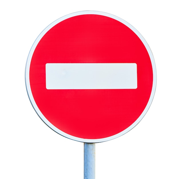 No Entry road sign isolated on white background. The road is closed red round sign. White brick in red circle road sign.