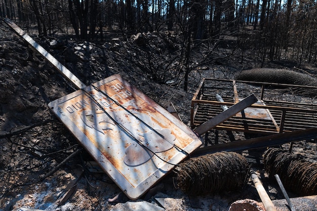 A no fire sign is burned by a forest fire