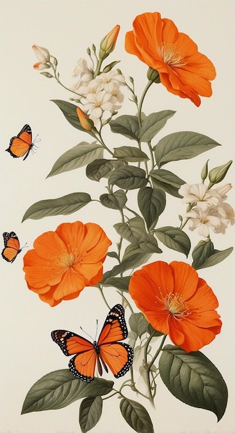 no_humans bloem oranje_bloem wit_achtergrond blad traditioneel_media plant vlinder simpel