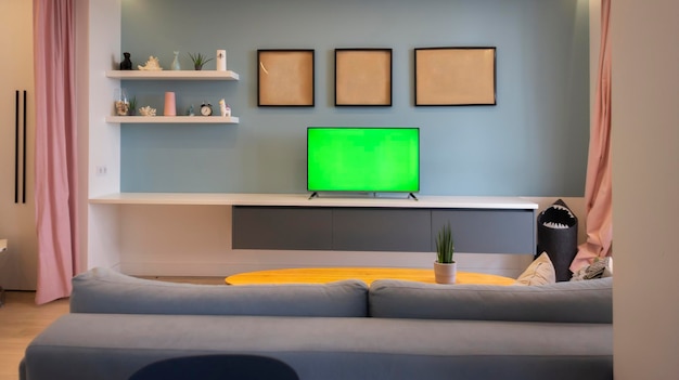 No people view green chroma mockup tv screen in stylish\
minimalist living room interior