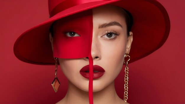 사진 얼굴의 절반이 빨간 모자에 여 있고 강한 매트 빨간 립스틱을 쓰고 있는 인식할 수 있는 모델이 없습니다.