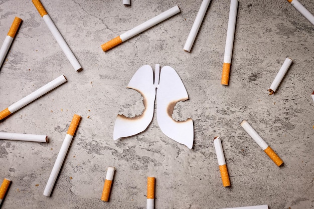 Photo no tobacco day lungs image with cigarettes over gray background