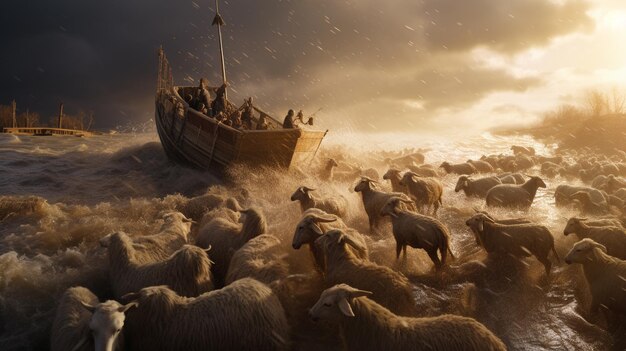 Foto noachs ark dieren in de storm slecht weer regen zee boot overstroming berg bijbels geschiedenis vogel duif religie verhaal spiritualiteit heilige oude man met een baard