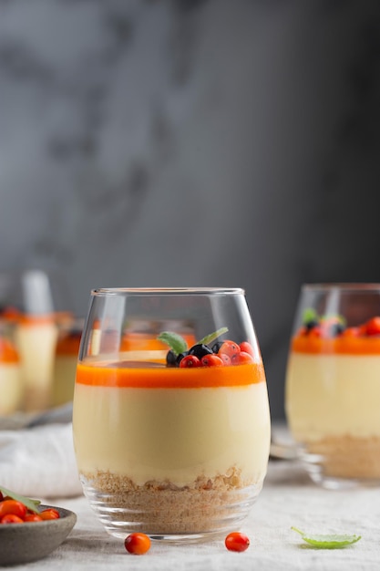 Nobake mango cheesecake with sea buckthorn jelly