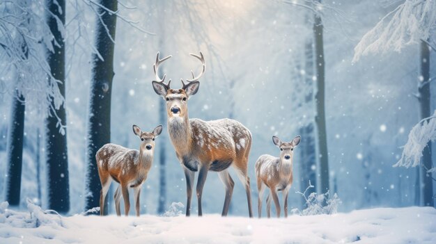 Noble deer family in winter snow forest Artistic winter Christmas landscape Winter wonderland