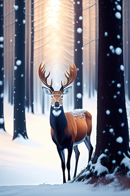 Noble deer male in winter snow forest Digital art