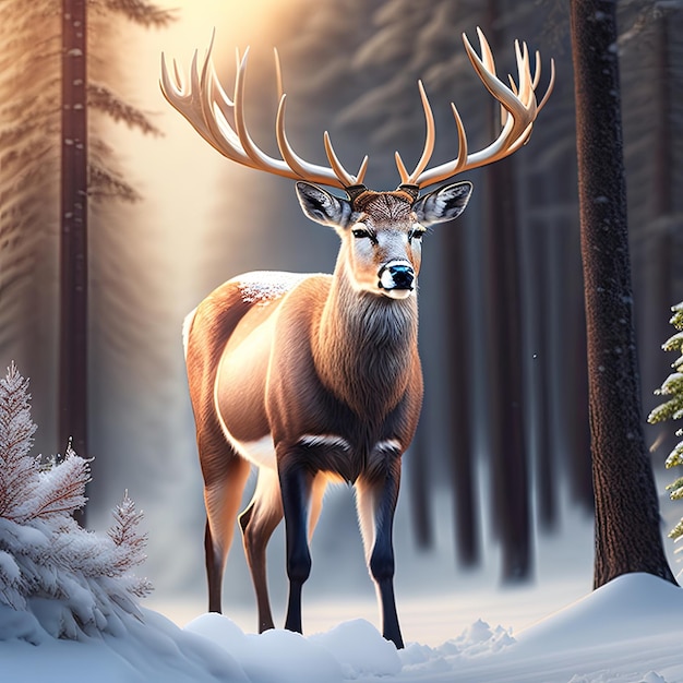 Noble deer male in winter snow forest Digital art