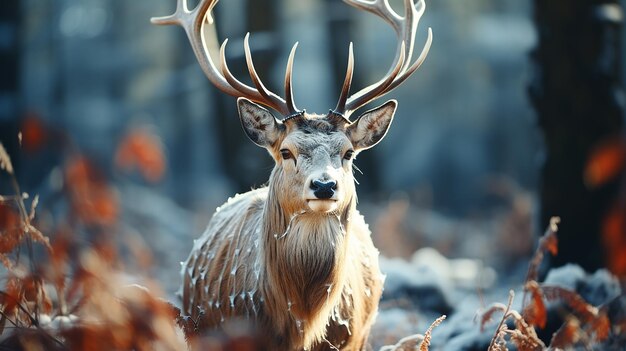 Noble deer male in winter snow forest photo generative ai