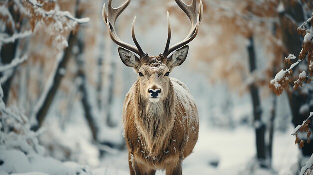 Noble deer male in winter snow forest photo generative ai