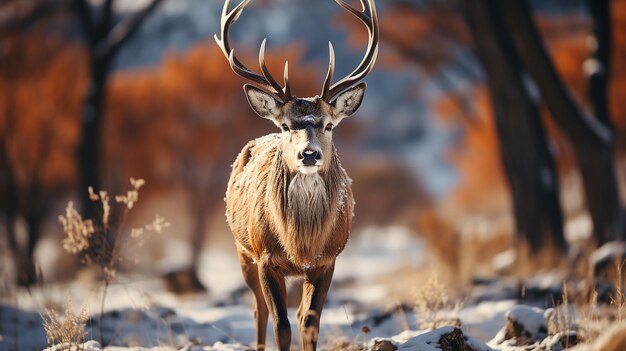 Noble deer male in winter snow forest photo generative ai
