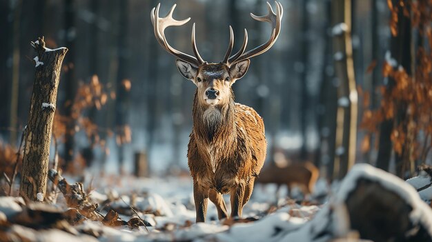 Noble deer male in winter snow forest photo generative ai