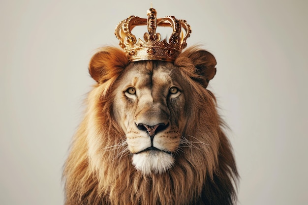 A noble lion wearing a regal golden crown poses for a royallike portrait