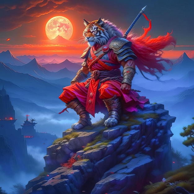 Noble tiger samurai in armor tiger samurai on the mountain in the full moon