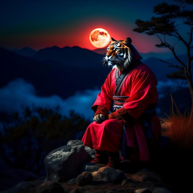 Noble tiger samurai in armor tiger samurai on the mountain in the full moon