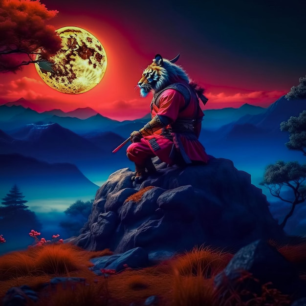 Noble tiger samurai in armor tiger samurai on the mountain in the full moon