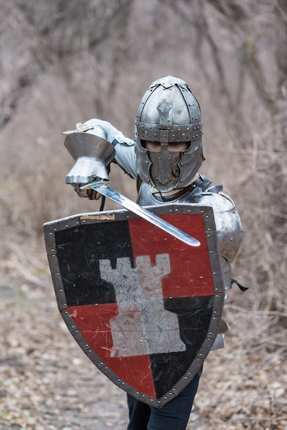 Noble warrior portrait of one medeival warrior or knight in\
armor and helmet with shield and sword posing