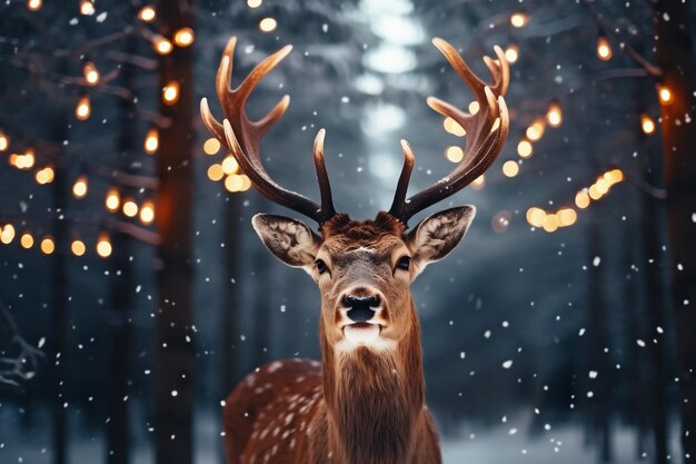 Foto nobile cervo selvaggio in una foresta invernale con luci sfocate concetto di natale ai generato