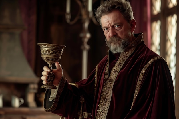 Photo nobleman in a velvet robe holding an ornate chalice