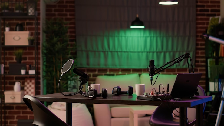 Photo nobody in cozy ambient room with podcast equipment, microphone and headphones for interview broadcasting. empty vlogger desk with professional streaming devices to broadcast live talk show.