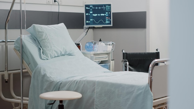 Nobody in hospital ward bed with medical equipment and heart\
rate monitor for reanimation. empty intensive care room with\
instruments, iv drip bag and oxygen tube for healthcare.