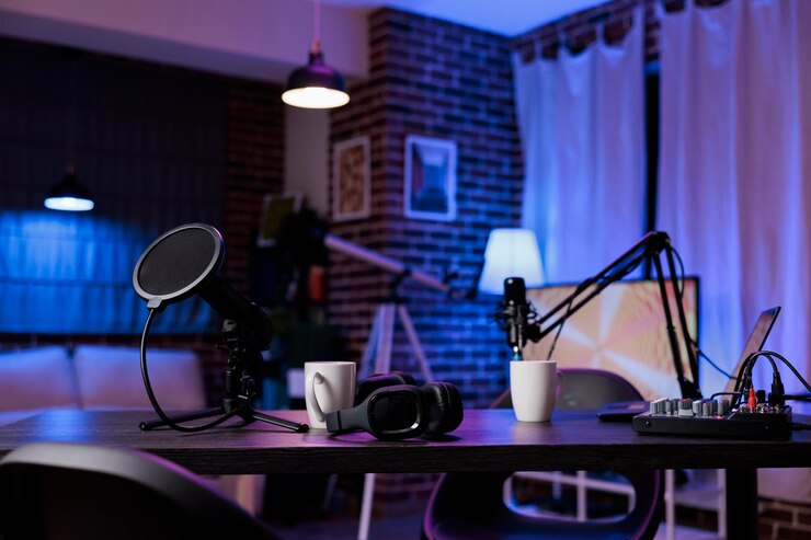 Photo nobody in living room used to record livestream show with podcast equipment for entertainment. empty office space in apartment to film online videoblog, social media channel content.