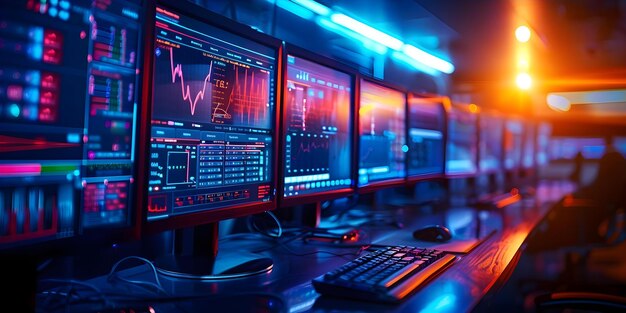 noc with rows of monitors displaying realtime system data in illuminated room concept network operations center realtime monitoring illuminated room row of monitors system data