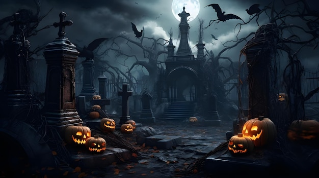 Foto noche en un cementerio embrujado con calabazas de halloween