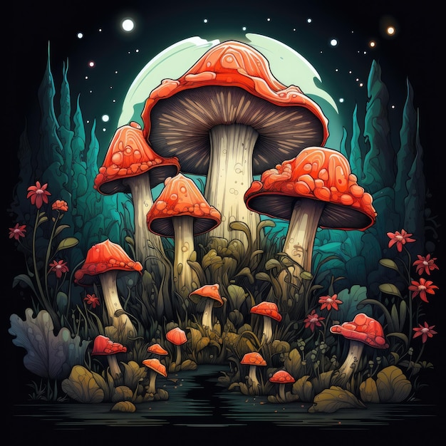 A nocturnal gathering of mushrooms in a forest Generative AI