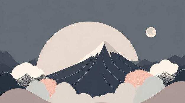 Photo nocturnal majesty drawing of a night landscape with mountain and moon in tranquil reverie