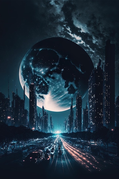 Ночной мегаполис Город ночью с лунным светом, Млечный путь и матричный код