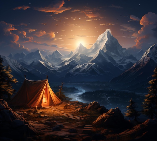 Nocturnal mountain camp Tent nestled in peaks illuminated by celestial tapestry For Social Media Po