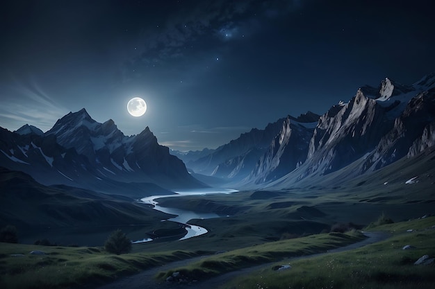 Photo nocturnal nature landscape with moon and mountains