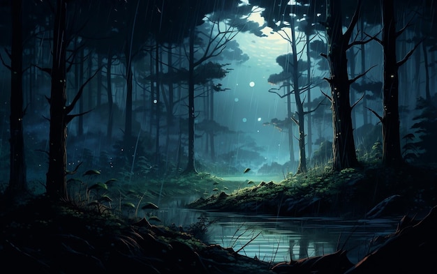 Ночной ливневый лес под полнолунием Генеративный ИИ