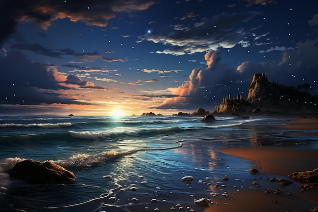 Nocturnal Serenity Evening Sea Heaven Clouds Stars in Blue