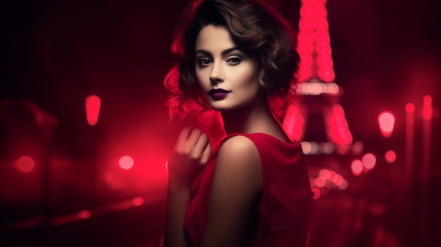 noir-stijl burleske herfst een vrouw in een rode jurk bij de Eiffeltoren 's nachts
