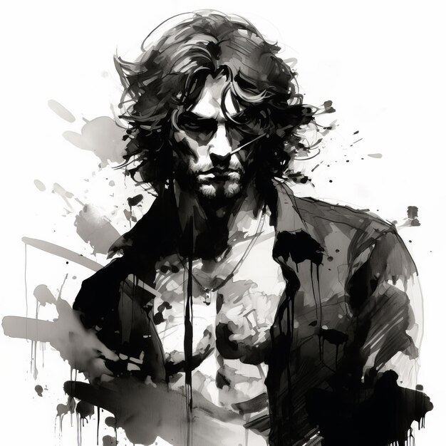 Noirinspired Drawing Of Richard With Long Hair And Splatters