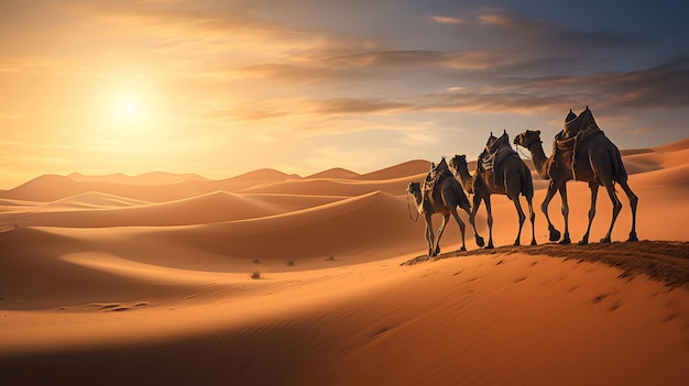 Nomadic Journey Camel Caravan Crossing the Desert Sands