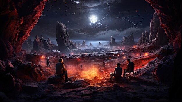 Nomadic space travelers around a campfire on an alien world