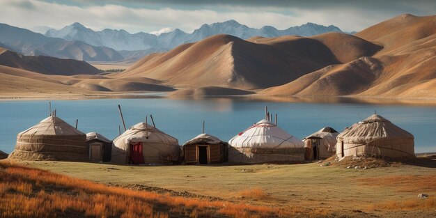 Nomadic tents known as Yurt at the Song Kol Lake Kyrgyzstan